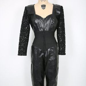 80s 90s Vintage Black Leather & Lace Jumpsuit